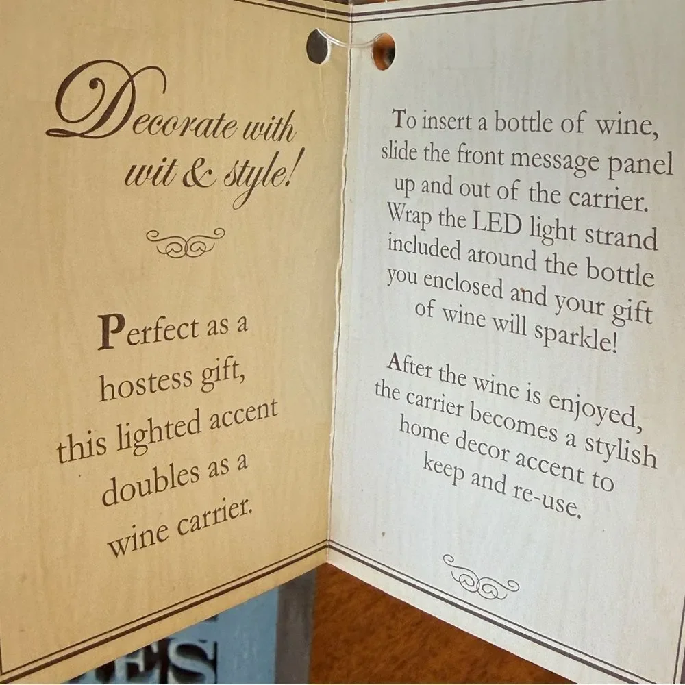 NWT Blue Brown Lighted Wine Box Rope Handle “Good Friends Good Wines Good Times“